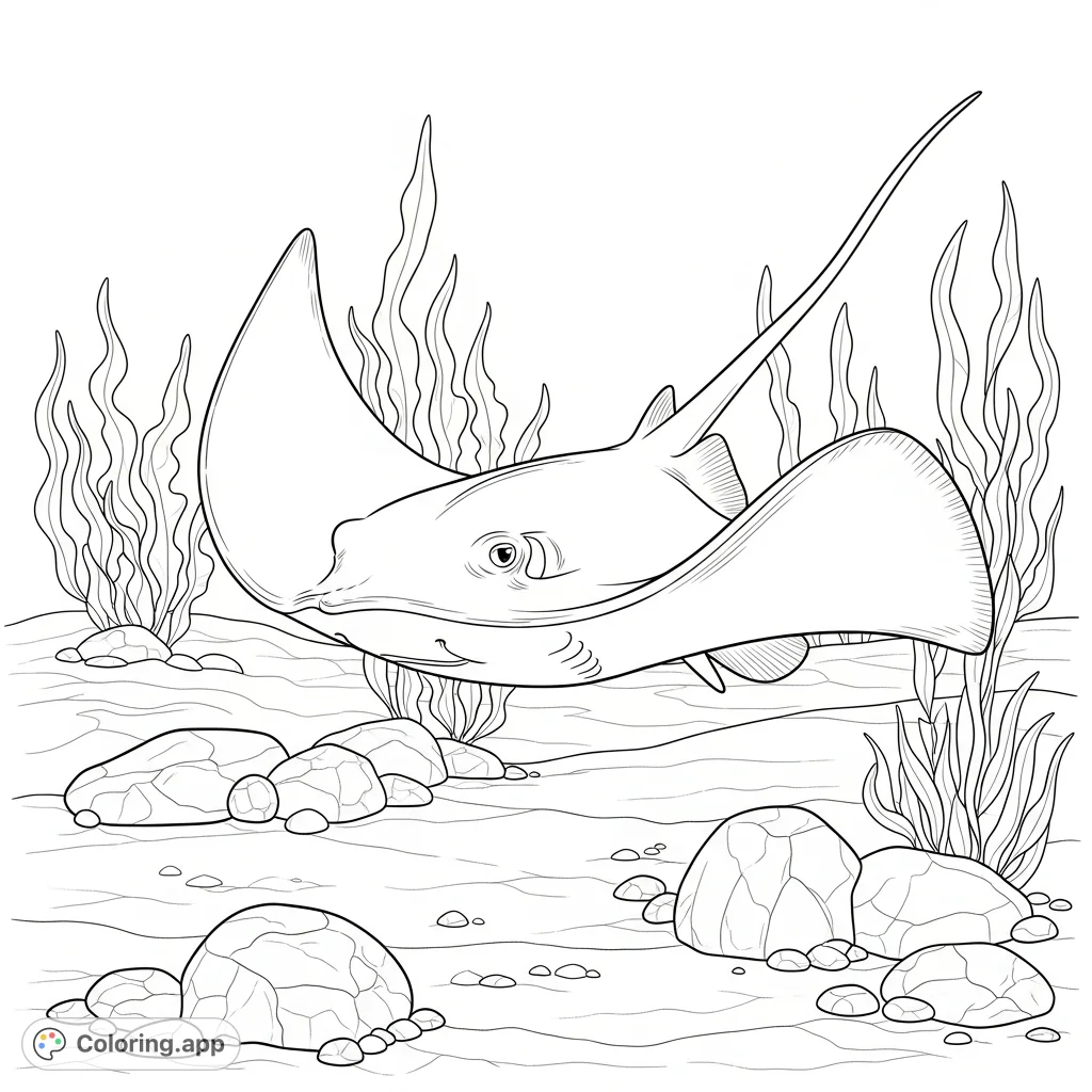 A graceful stingray glides low over a serene seabed, surrounded by textured rocks and gently swaying aquatic plants. An inviting underwater scene.