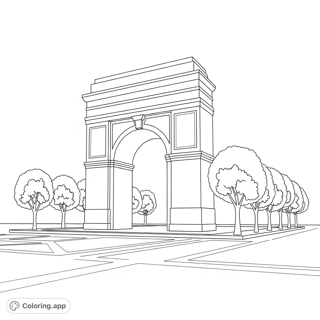 Color a majestic arch monument amidst a spacious plaza, flanked by elegant trees. A calming scene offering a blend of architectural form and natural beauty.