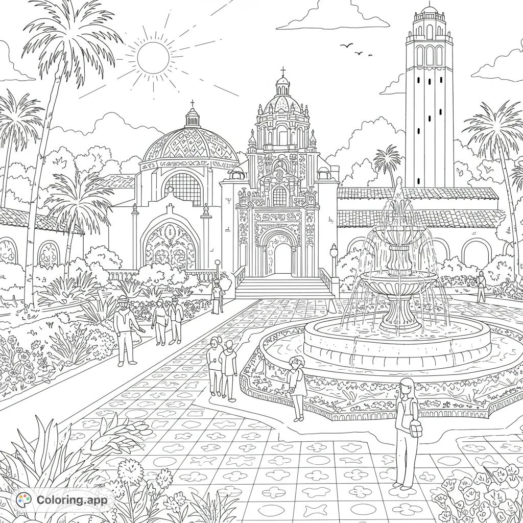 Explore a detailed historic park coloring page featuring ornate architecture, a grand fountain, and lush palm trees. A free printable architectural landmark scene.