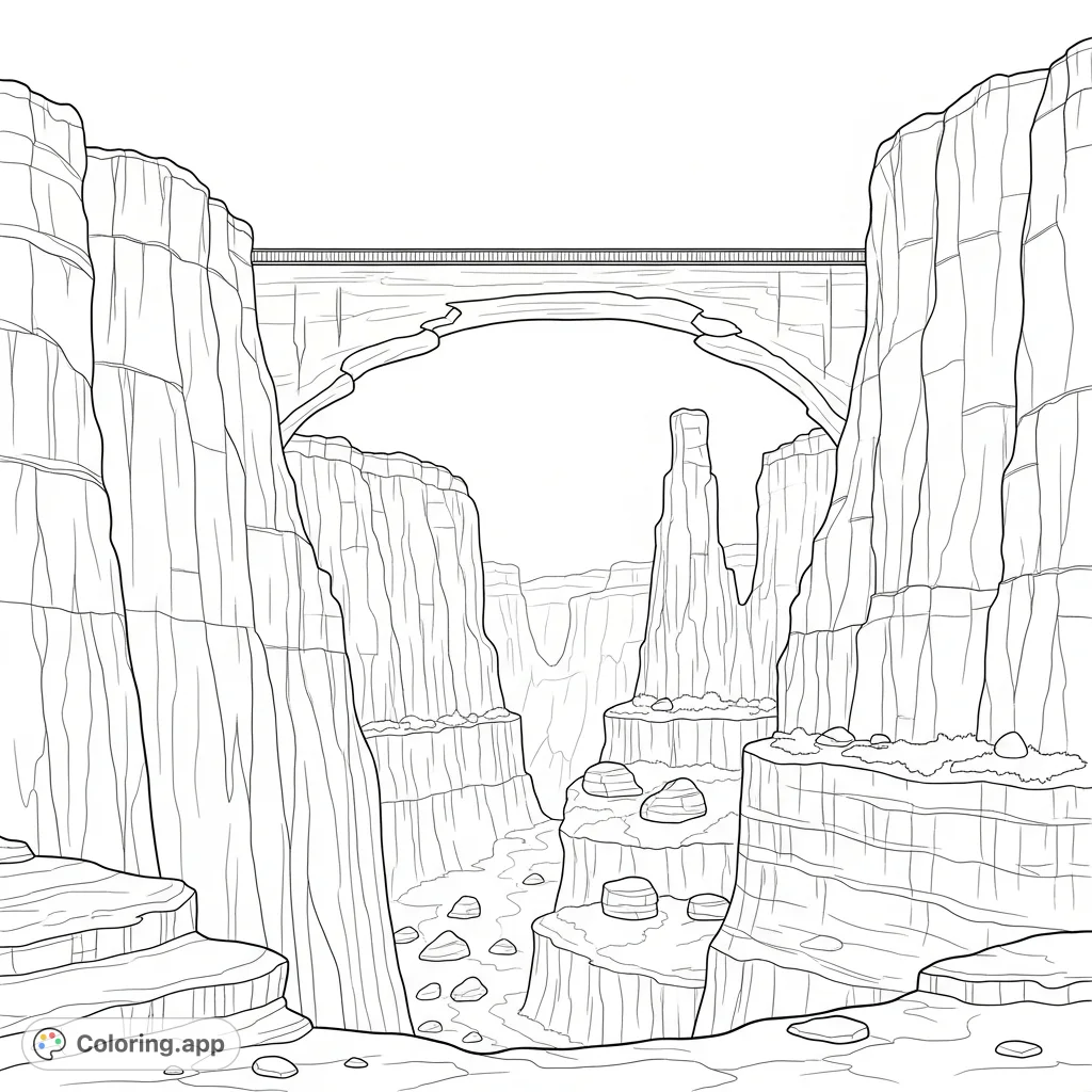 Explore a breathtaking natural arch bridge connecting two towering rock formations within a sprawling, ancient canyon. A detailed landscape perfect for immersive coloring.