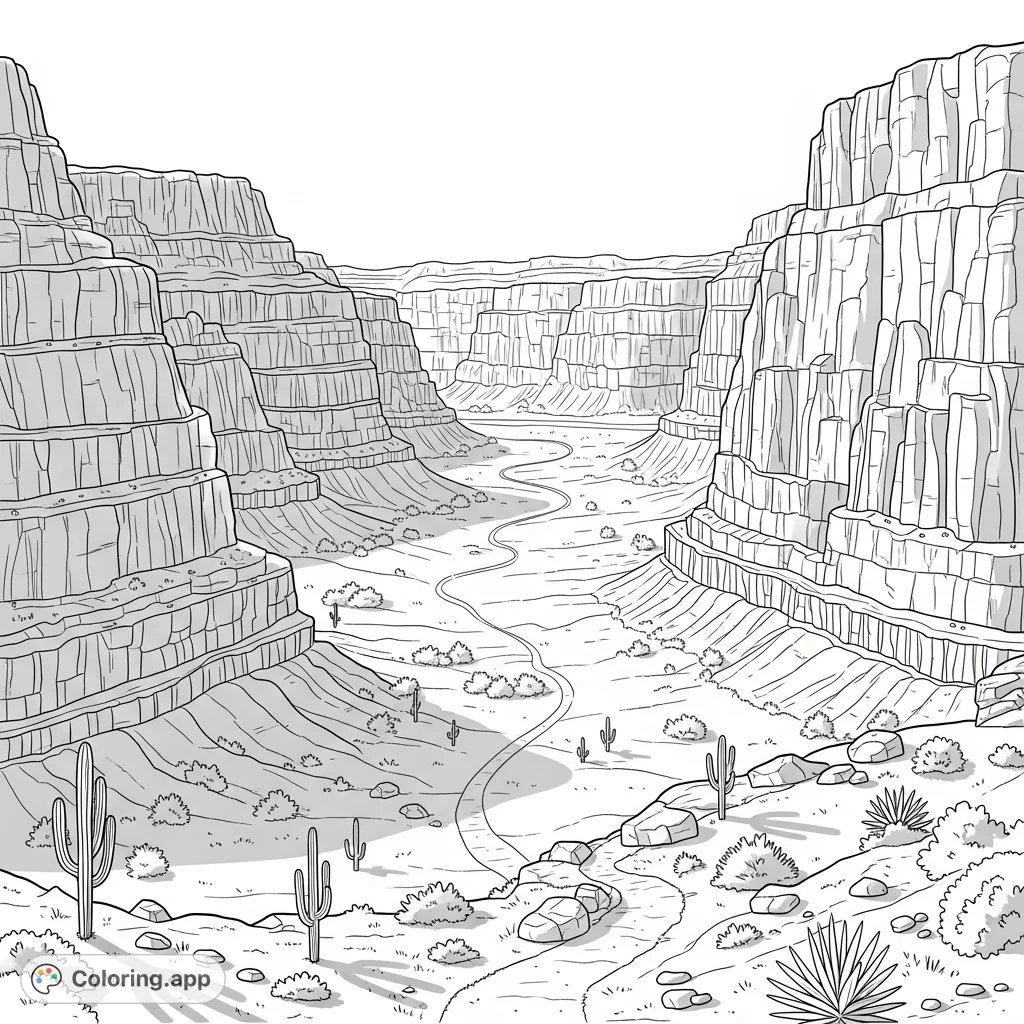 Explore a majestic canyon basin with towering, textured walls and a winding footpath. Discover intricate rock formations and sparse desert vegetation in this detailed scene.