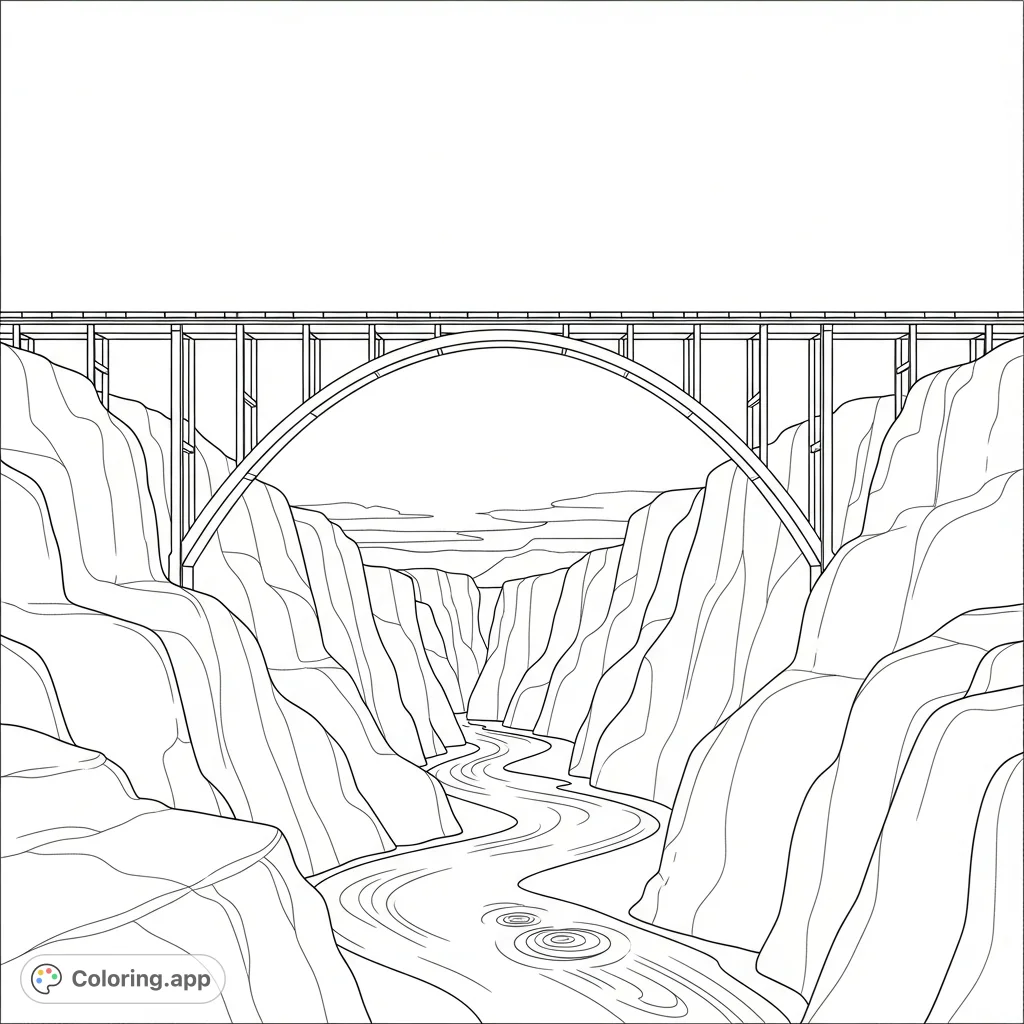A grand highway bridge with multiple spans gracefully crosses a deep, wide canyon. Simplified rock walls flank a winding river below, under a vast sky.