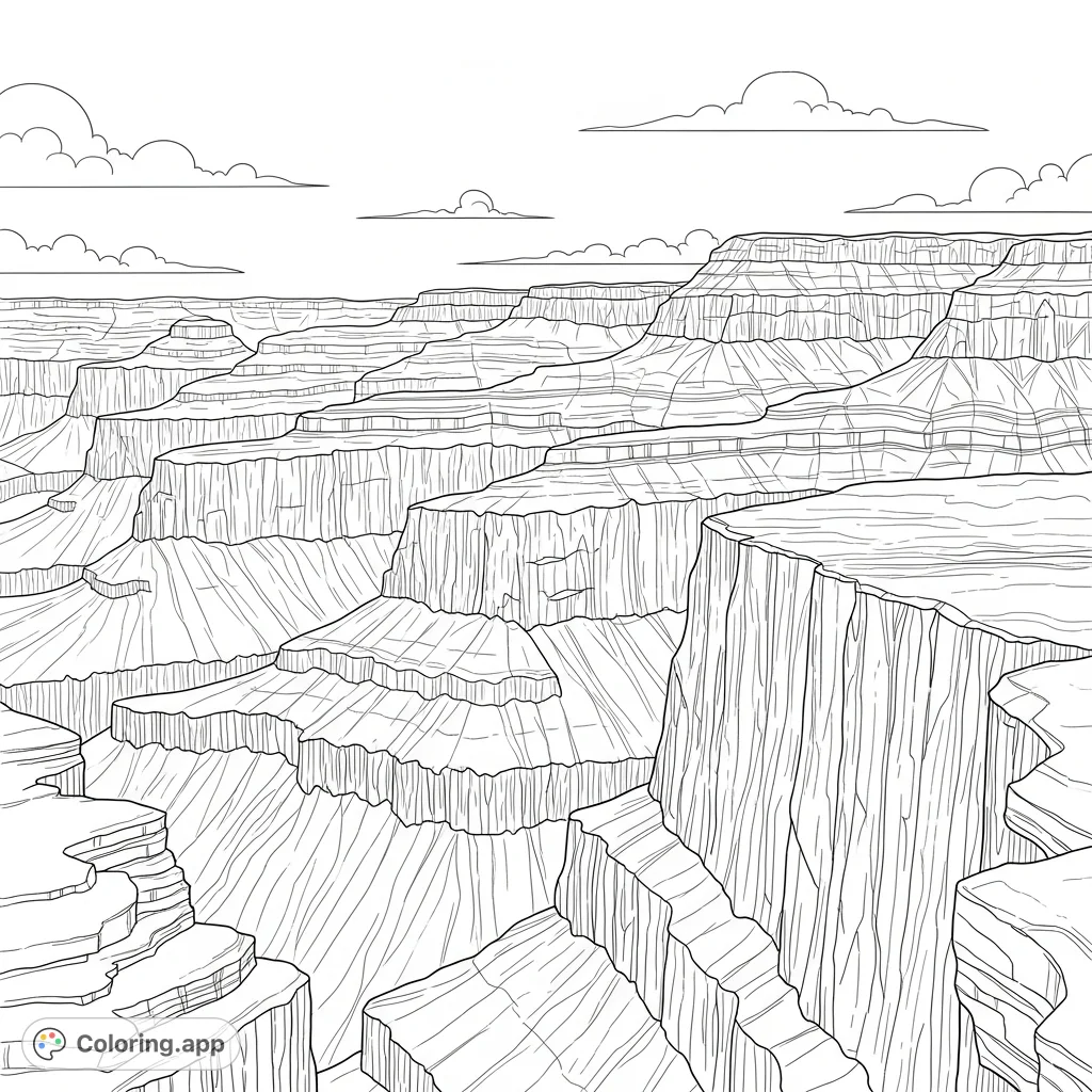 Explore a dramatic canyon drop-off featuring immense, layered rock terraces descending into a deep chasm, with soft clouds drifting above the vast geological formation.