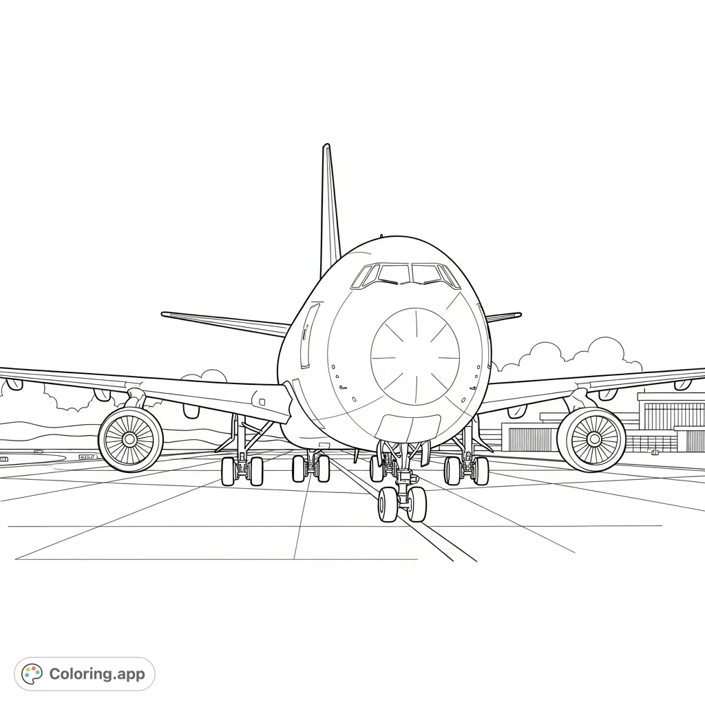 A detailed coloring page featuring a large cargo-style airliner parked on a tarmac, highlighting its distinctive nose door outline and airport setting.