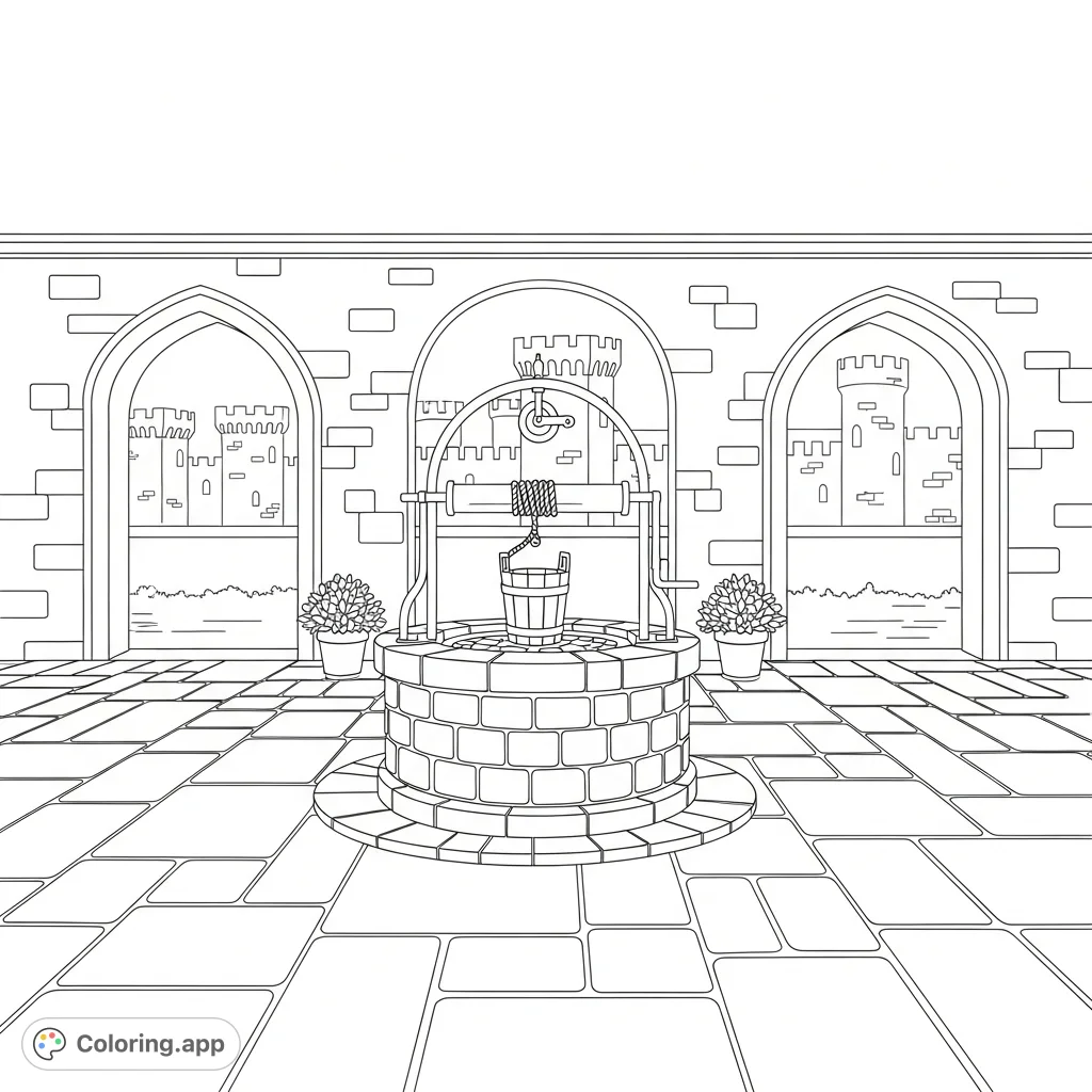 Explore a majestic castle courtyard featuring a detailed stone well, grand archways, and flagstone floor. Perfect for architectural enthusiasts.