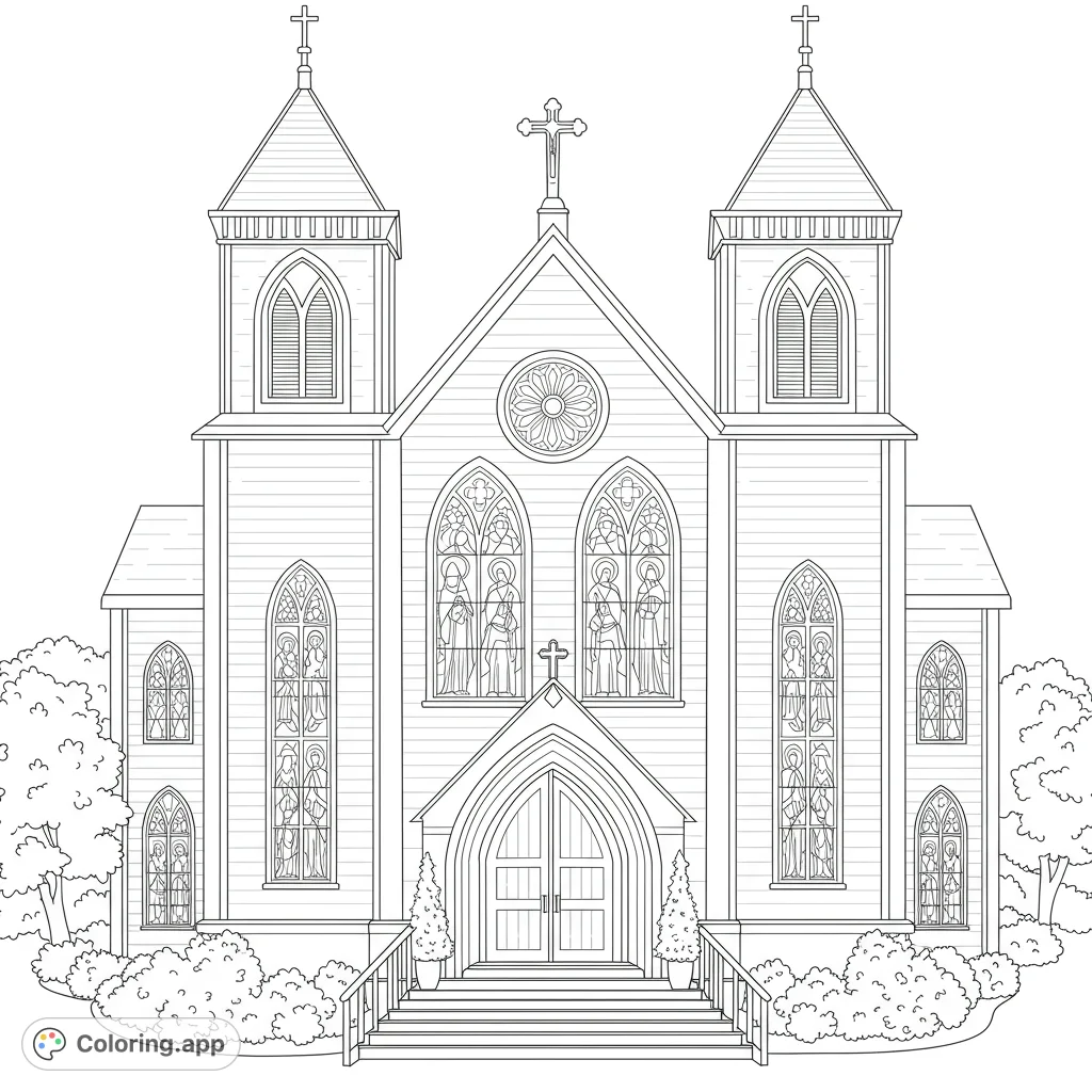 Detailed church coloring page featuring intricate stained glass windows, grand architecture, and serene landscaping. A free printable for all ages.