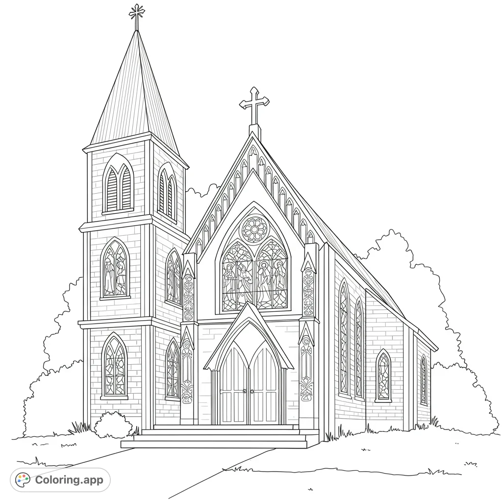 A detailed church with a tall steeple, intricate stained glass windows, and lush foliage. A free printable architectural church coloring page for all ages.