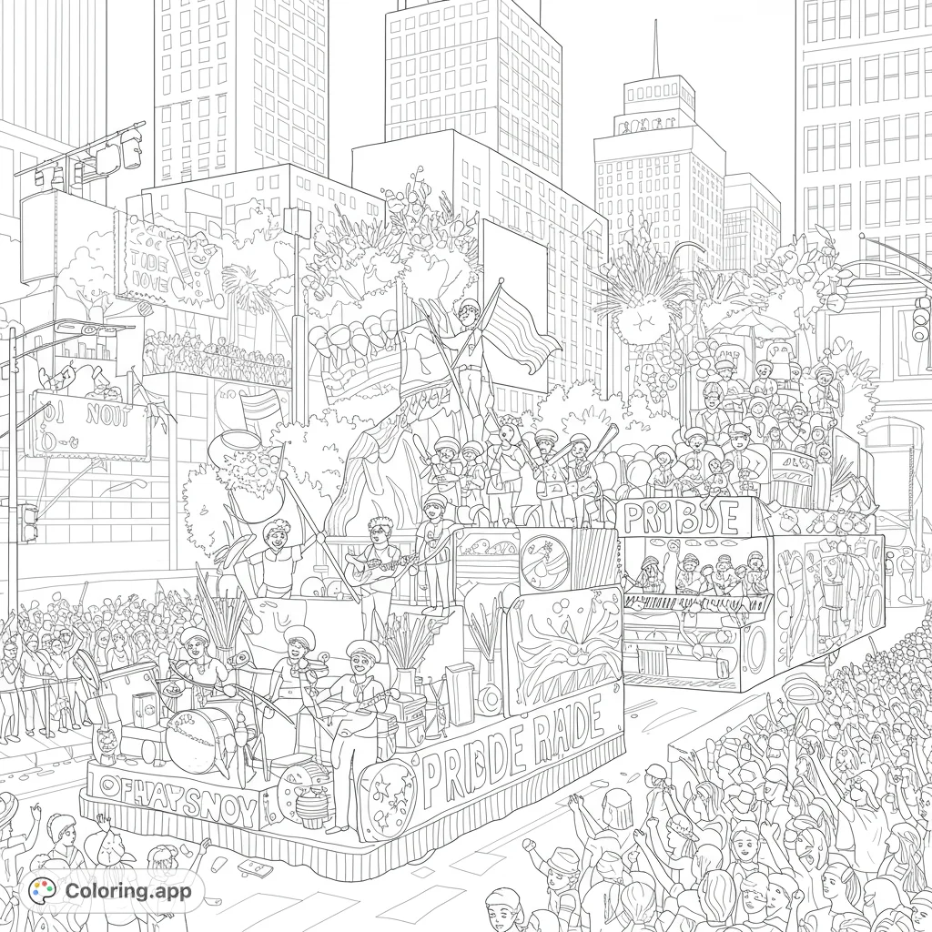 A detailed city parade scene with festive floats, cheering crowds, and towering buildings, perfect for vibrant coloring.
