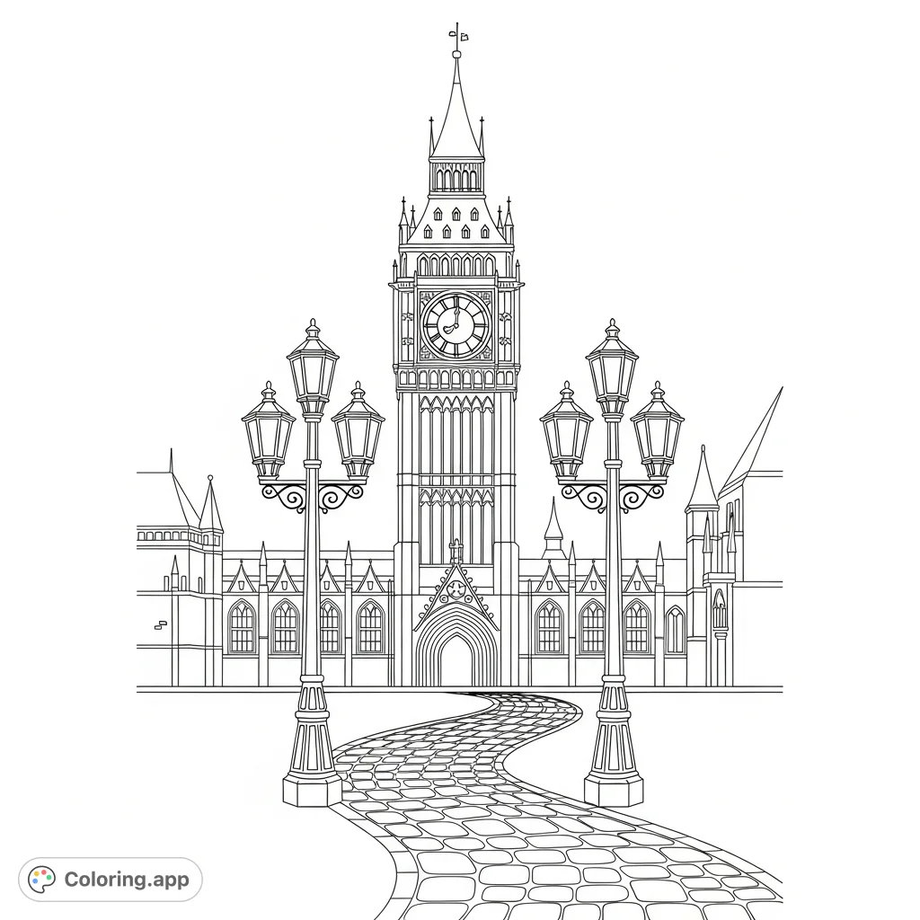 Color a magnificent clock tower silhouette, flanked by elegant lampposts, overlooking a detailed cobblestone path, inviting a journey through a timeless scene.