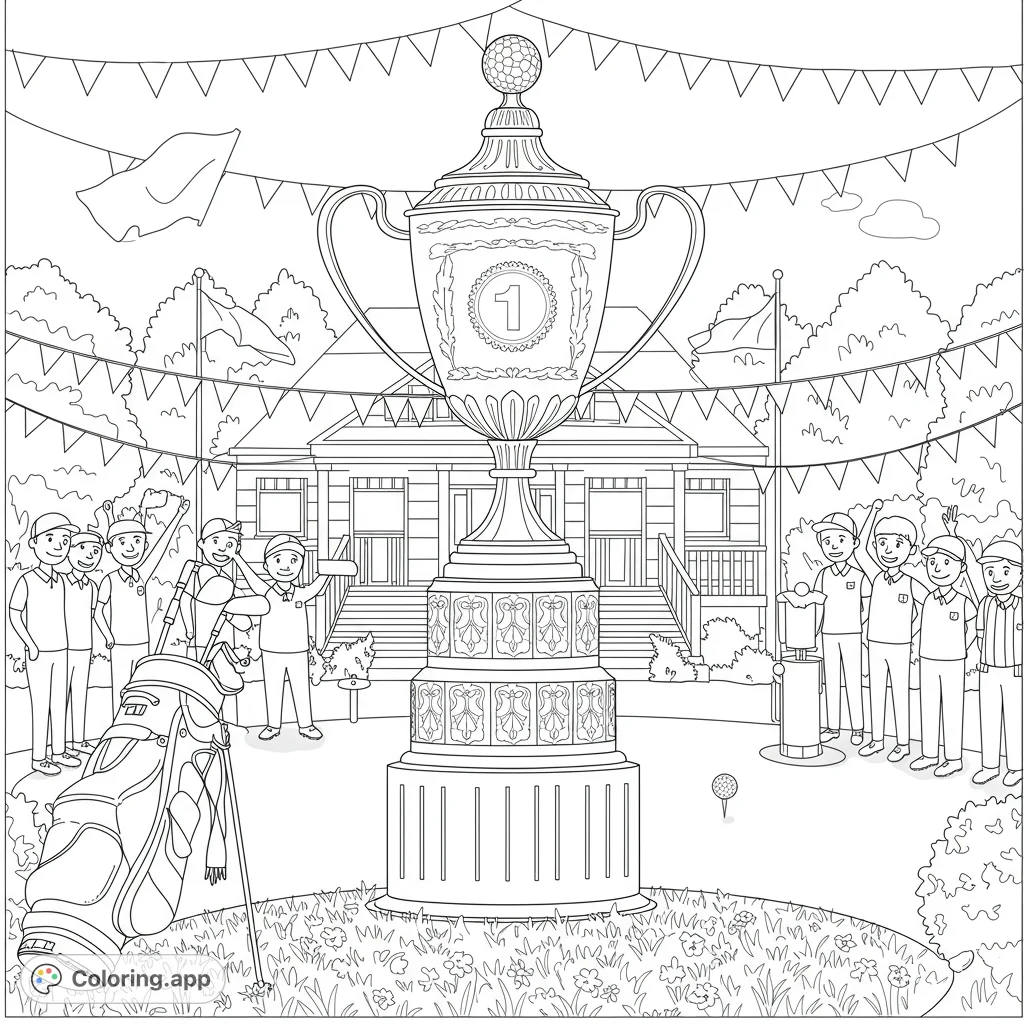 Celebrate victory with this grand golf trophy coloring page! Features a detailed trophy, cheering golfers, and a festive clubhouse backdrop.