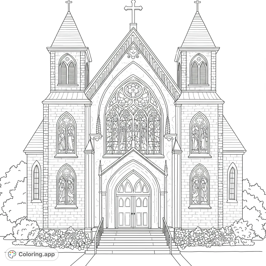 A majestic church coloring page featuring intricate Gothic architecture, detailed stained-glass windows, and lush surrounding foliage for a serene coloring experience.