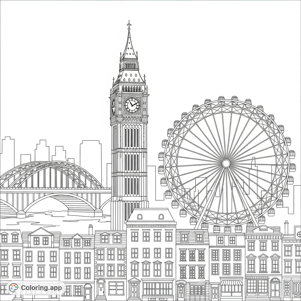 An expansive panoramic cityscape featuring a detailed clock tower, elegant bridge, towering ferris wheel, and classic row houses for an engaging coloring experience.