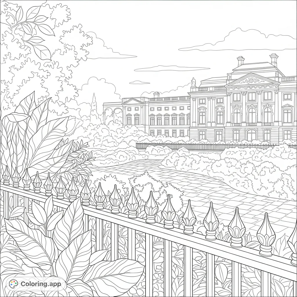 A beautiful park vista featuring intricate iron fencing, a winding path through lush foliage, and distant, majestic palace architecture under a serene sky.