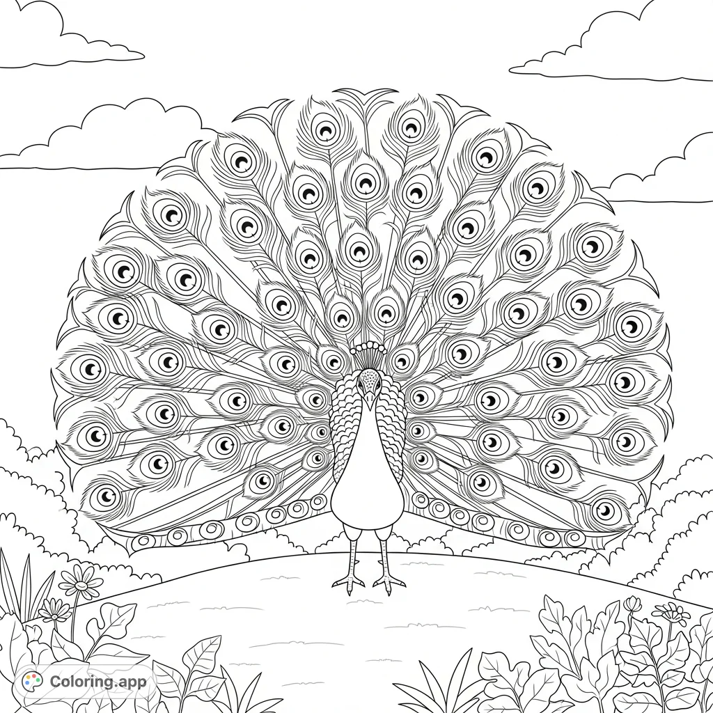 An intricate coloring page featuring a magnificent peacock with its tail feathers fully fanned out, showcasing detailed eyespots and a lush natural setting.