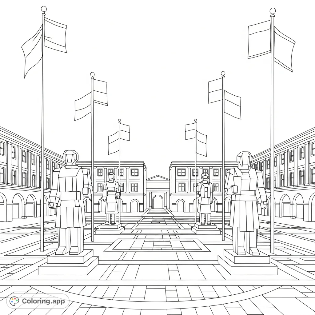 A majestic town square features a symmetrical layout with four blocky statues and tall flagpoles, set against classical buildings. Perfect for detailed coloring.