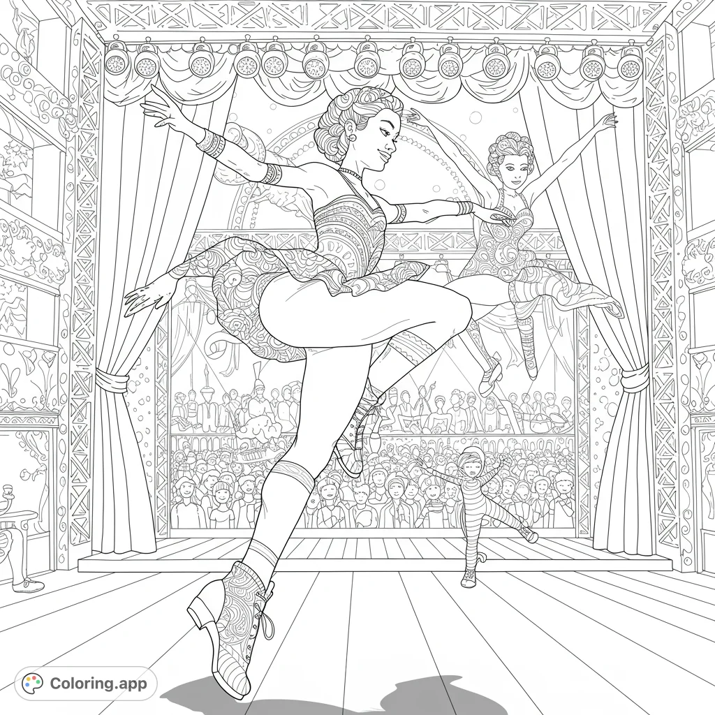 Dynamic stage performance featuring elegant dancers in patterned costumes before a cheering audience. Intricate details for a captivating coloring experience.
