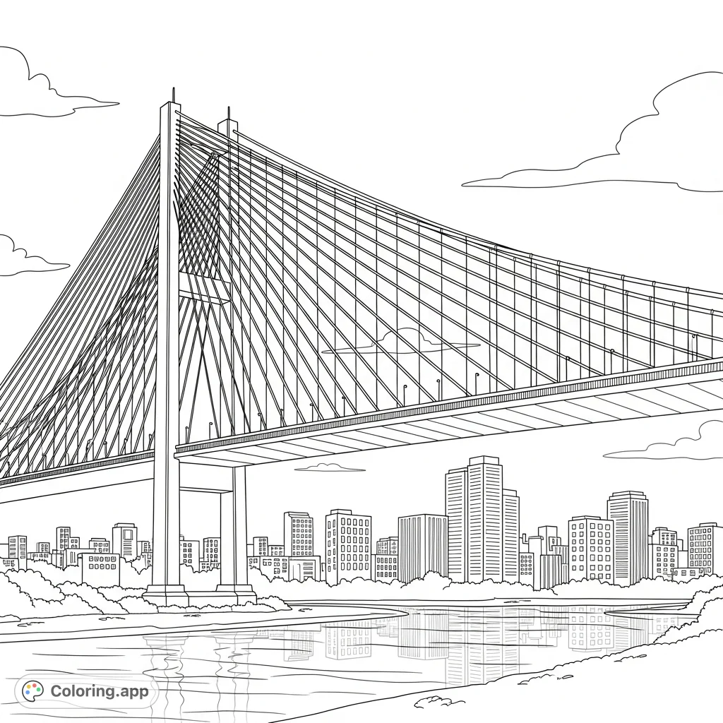 Color a grand suspension bridge with towering pylons, sweeping cables, and a simplified city skyline reflected in the calm water below. An urban architectural scene awaits!