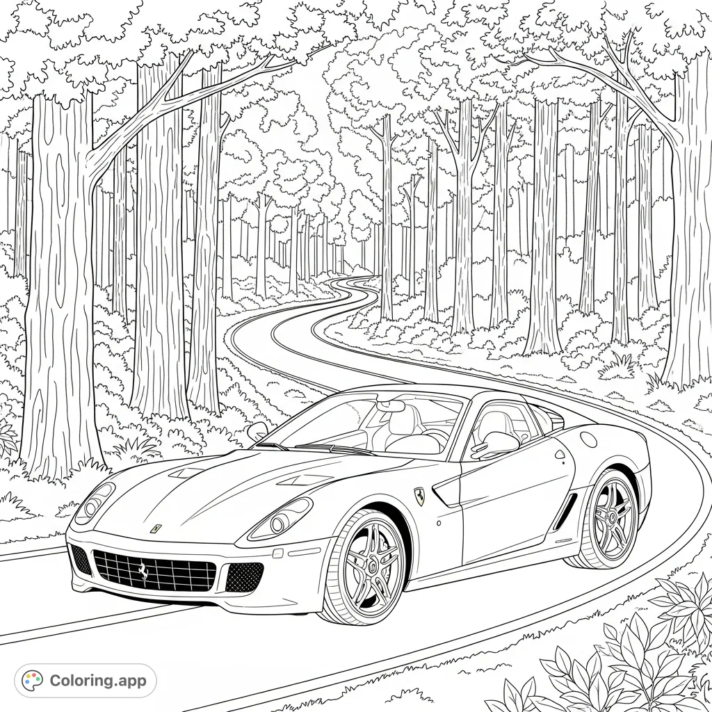 A detailed coloring page featuring a sleek Ferrari 599-style grand tourer on a winding forest road, surrounded by tall trees and lush foliage.