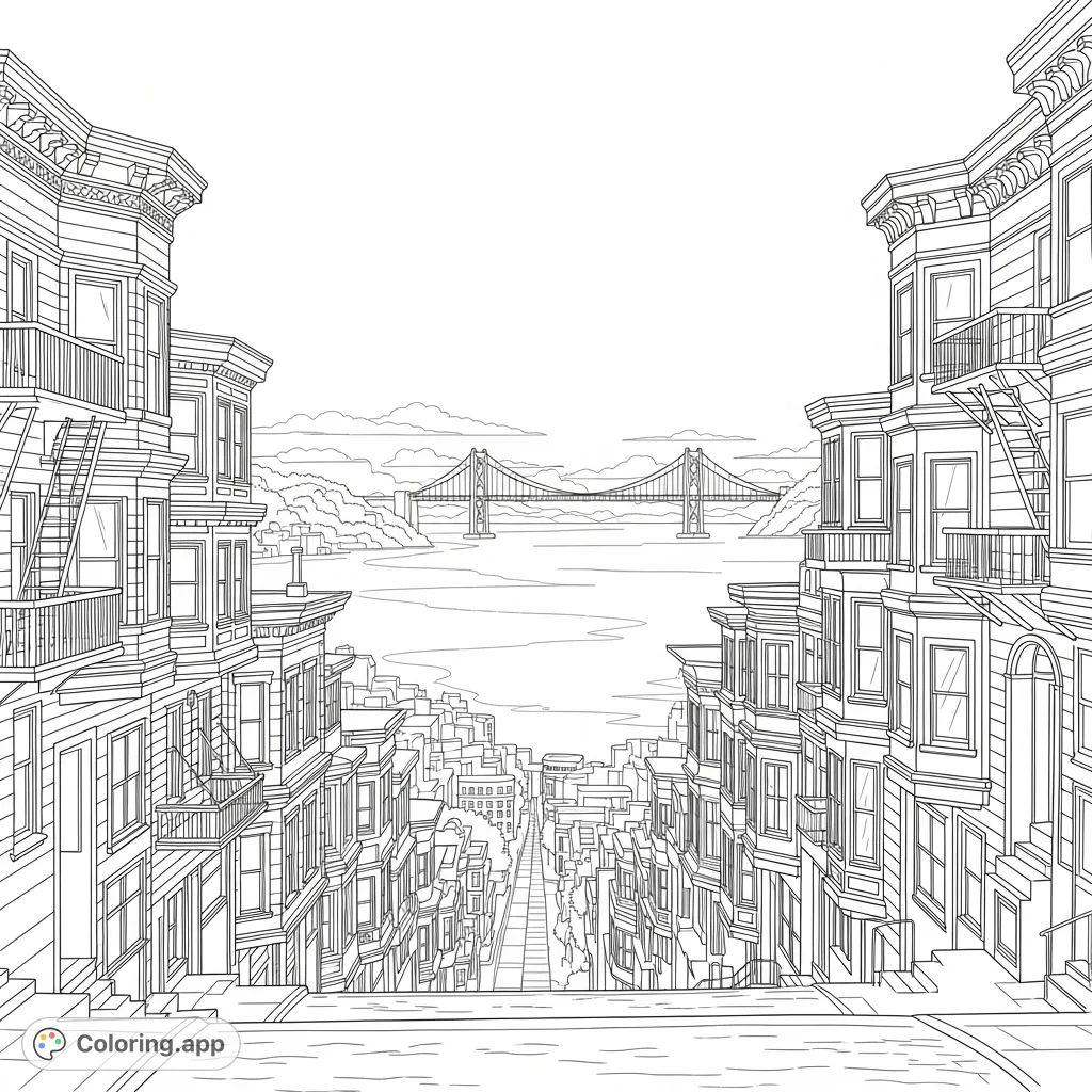 Explore a grand Victorian cityscape featuring steep streets, intricate facades, a majestic suspension bridge, and calm bay waters, offering an engaging coloring experience.