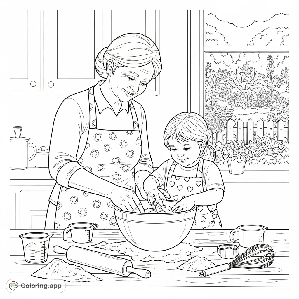 A heartwarming baking scene featuring a grandmother and grandchild mixing ingredients in a kitchen, with flour and tools scattered around. A lovely family moment.