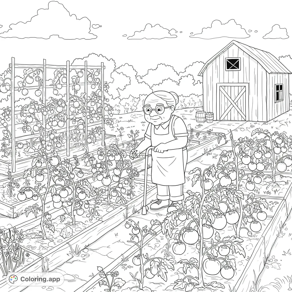An elderly woman tends her bountiful tomato garden, surrounded by lush plants and a rustic barn. A peaceful, detailed scene for all ages.
