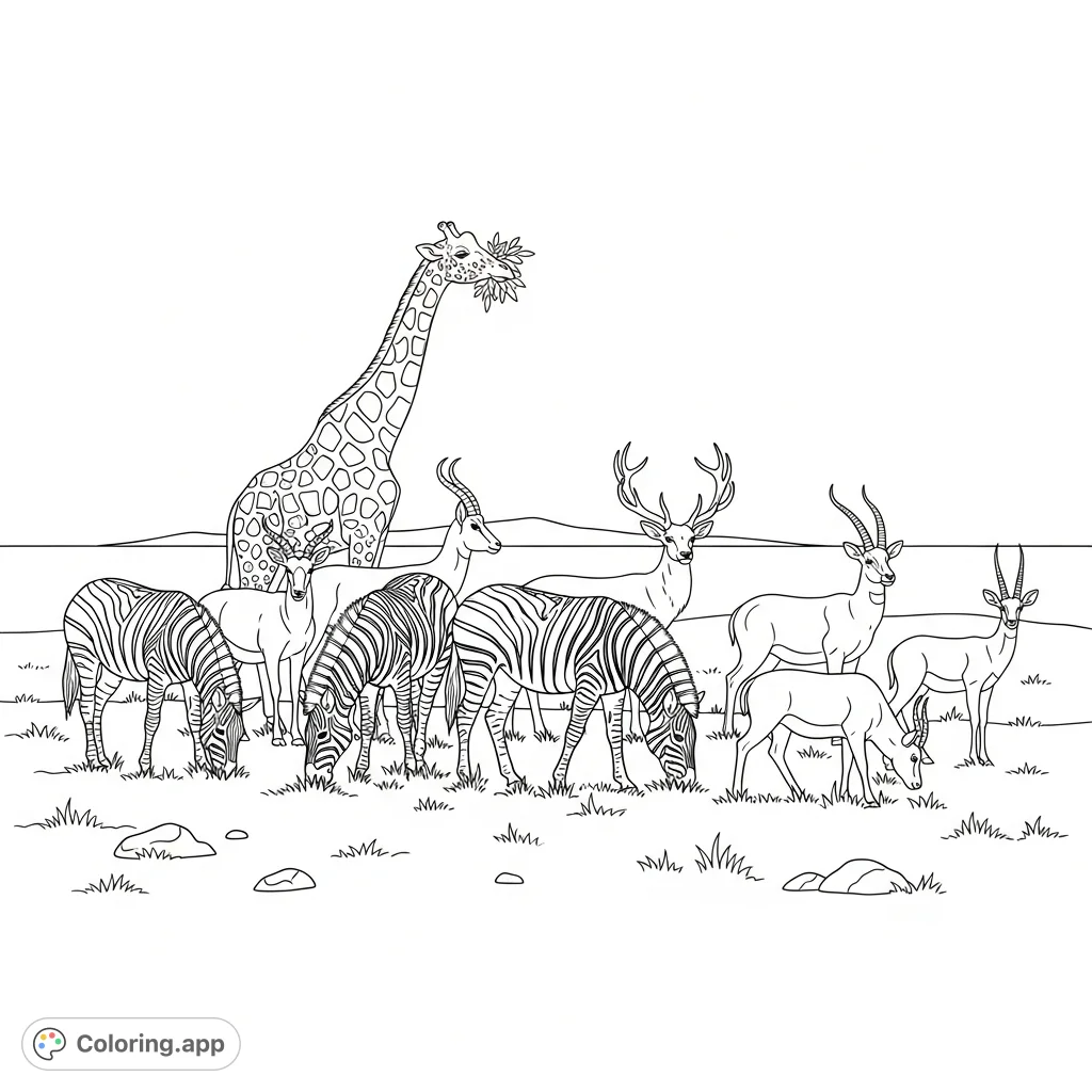 Discover a vibrant scene of mixed herbivores grazing peacefully on wide-open plains. Perfect for nature lovers and a relaxing coloring experience.