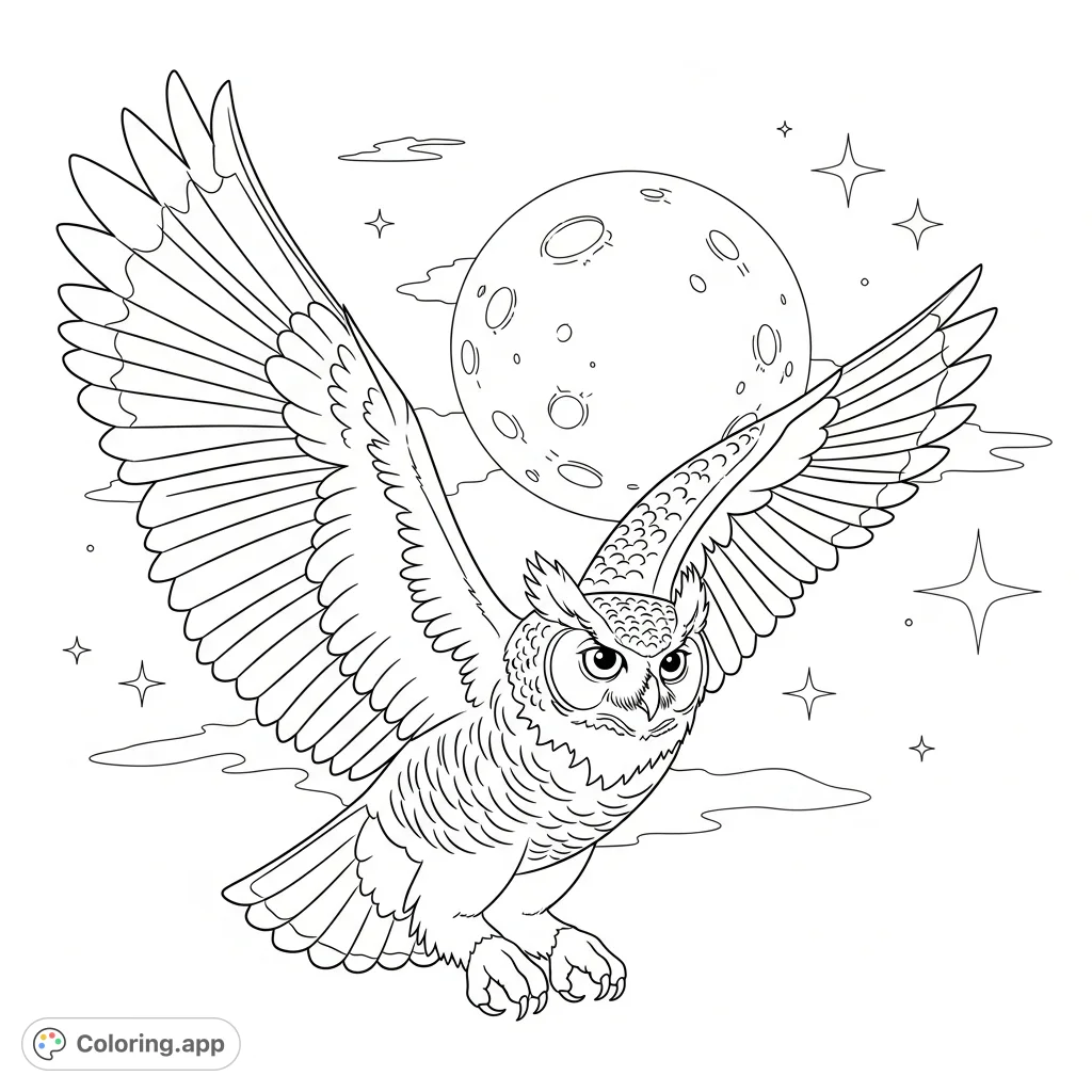 Color a majestic great horned owl soaring under a simple full moon in a starry night sky. Detailed feathers meet a serene celestial background.