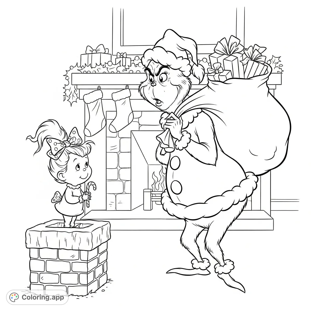 Capture the iconic, heartwarming moment of Cindy Lou Who encountering the Grinch, dressed as Santa, by a festive fireplace. A classic holiday scene!