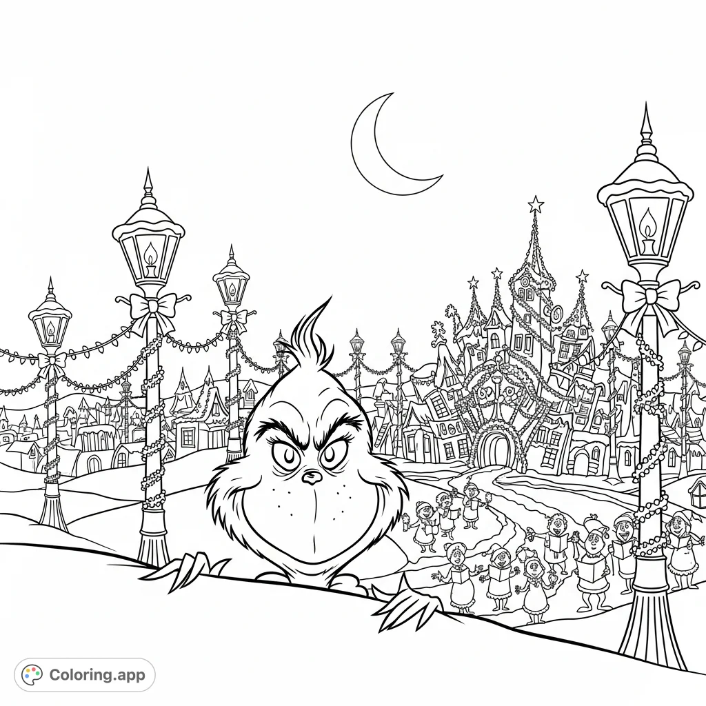 The Grinch observes Whoville's elaborate holiday decorations from a snowy ridge. Whos carol among striped lampposts and lighted houses under a crescent moon.