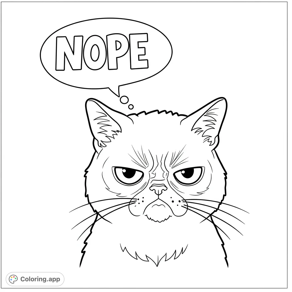A hilariously grumpy cat with a thought bubble, perfect for a funny and expressive coloring page. Ideal for cat lovers and meme enthusiasts.