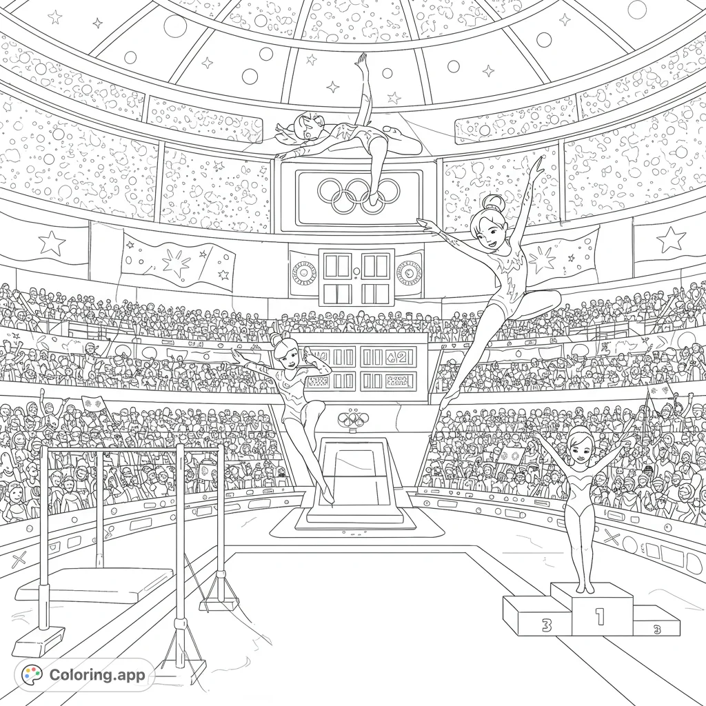 Experience the thrill of a gymnastics competition! This free printable gymnastics coloring page features athletes, a stadium, and cheering fans.