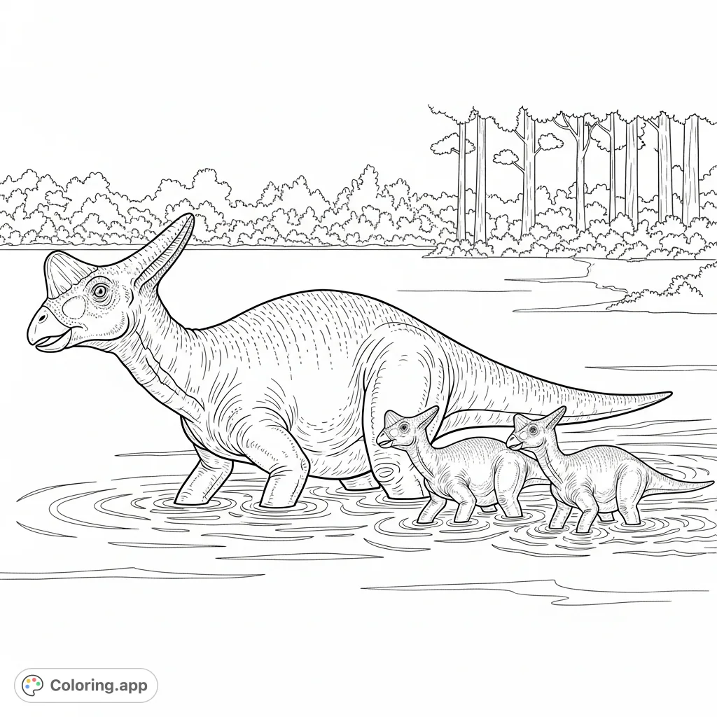 A prehistoric scene of a hadrosaur family, featuring an adult and two juveniles, wading through a shallow lake with distant foliage and trees.