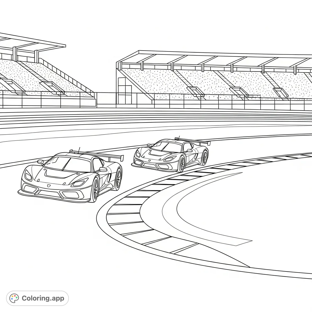 Two sleek race cars navigate a sharp hairpin turn on a dynamic race track. Simplified grandstands loom in the background, creating an exciting, fast-paced scene.