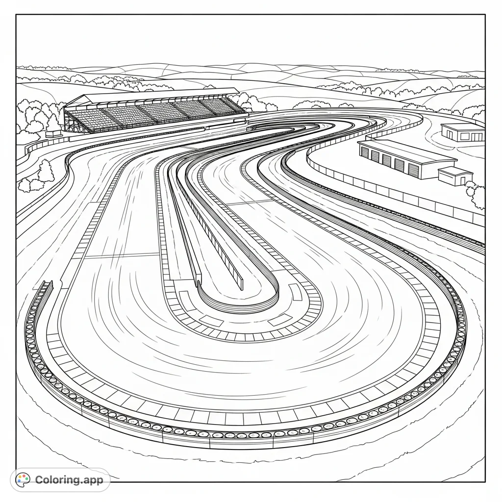 An intricate, aerial view of a dramatic race track hairpin curve with emphasized curbing and a detailed background, perfect for motorsport enthusiasts.