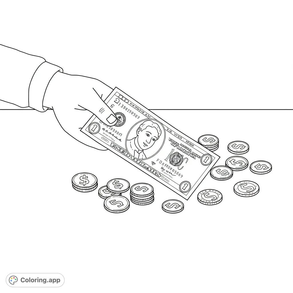 Money Pattern Coloring Hand Holding Money and Coins - Coloring.app