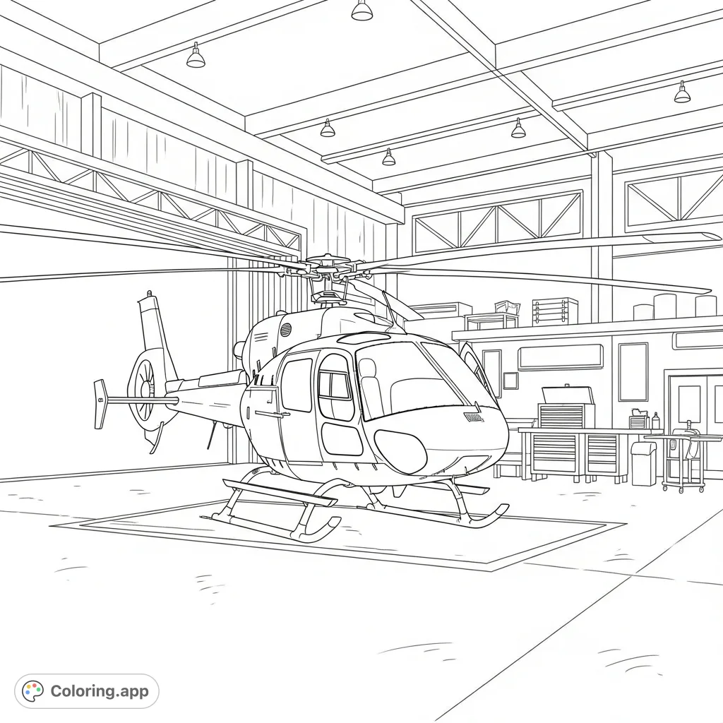 Color a detailed helicopter inside a spacious hangar, surrounded by simplified tools and gear. A fascinating scene for aviation enthusiasts of all ages to enjoy.