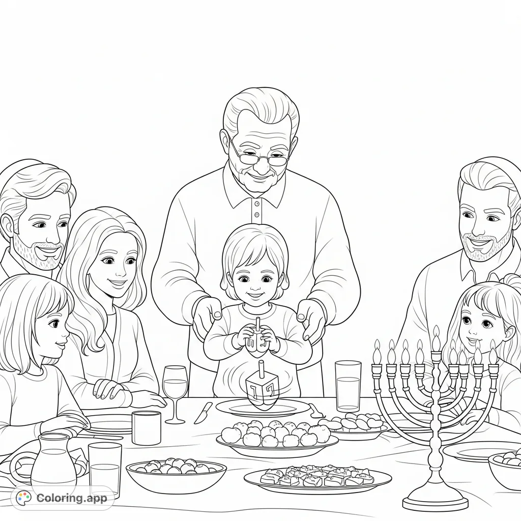 Capture a heartwarming Hanukkah scene: a grandparent teaching a child to spin a dreidel, surrounded by a smiling family and a glowing menorah at a festive dinner.