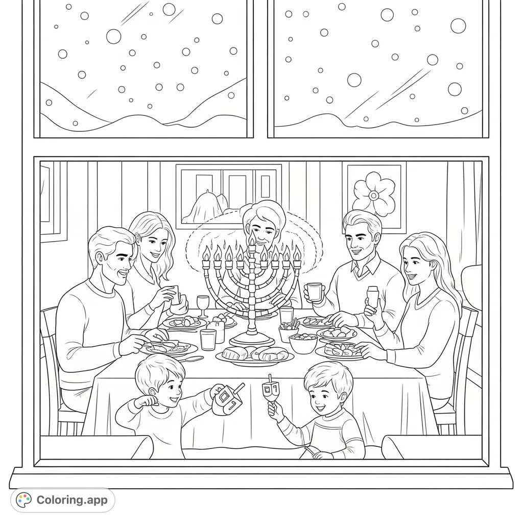 A heartwarming Hanukkah family dinner, featuring a menorah, dreidel, and gentle snowfall outside. Perfect for capturing holiday warmth.
