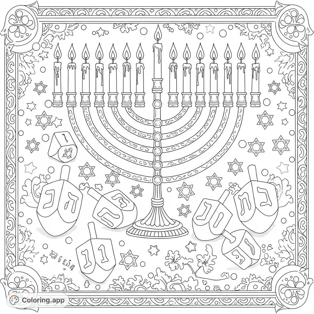Celebrate Hanukkah with this intricate menorah and dreidels coloring page. Perfect for festive fun and creative expression for all ages.