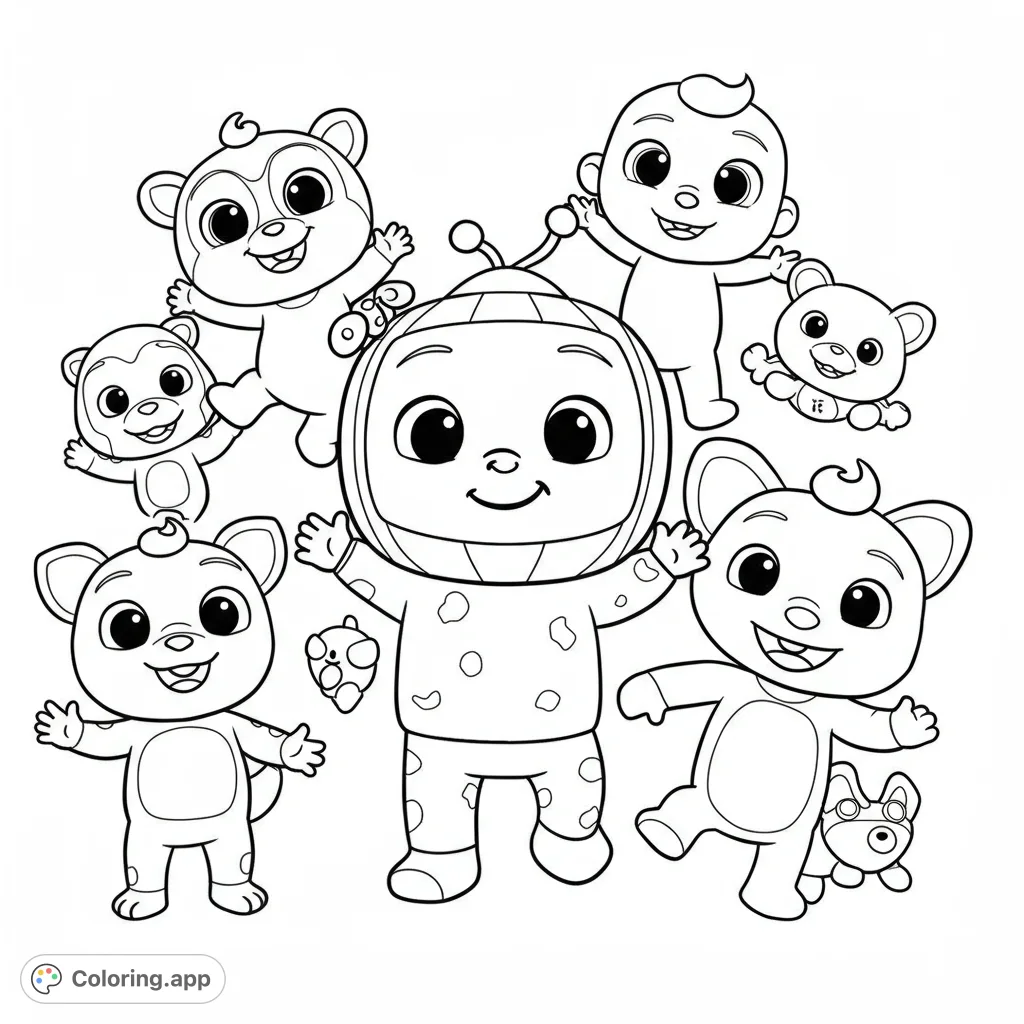 An adorable astronaut baby surrounded by cheerful animal friends, perfect for a fun and engaging coloring adventure. Free printable cute characters coloring page.