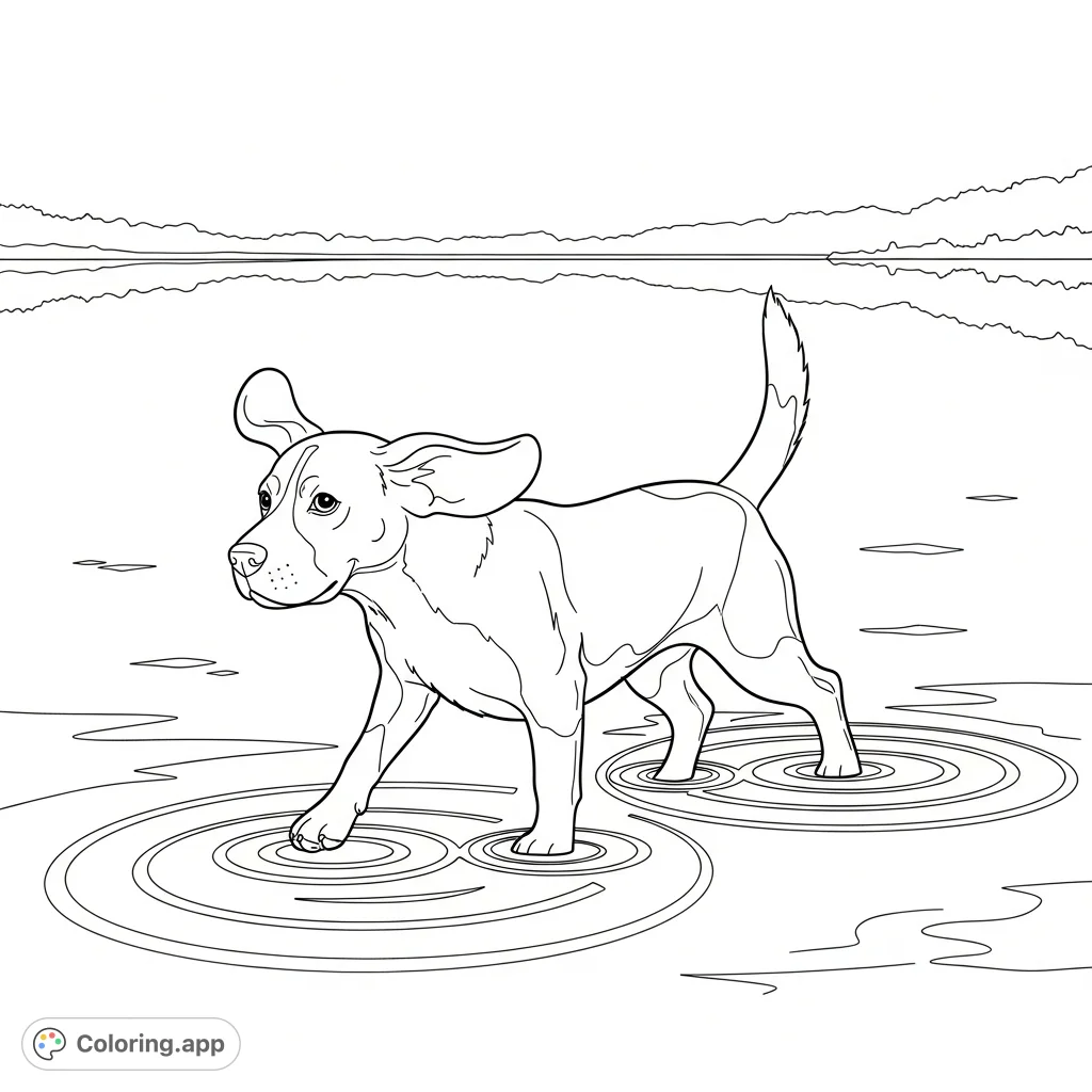 A charming beagle walks through shallow lake water, creating gentle ripples. A serene nature scene with a lovable dog by the tranquil shore.