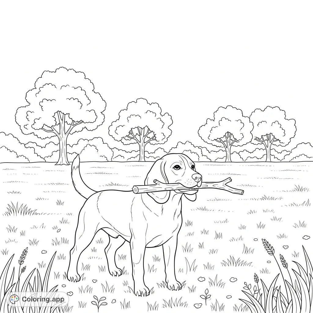 A joyful beagle proudly carries a stick in a sunny, open grassy field, with simple trees in the background. A classic scene perfect for all ages.