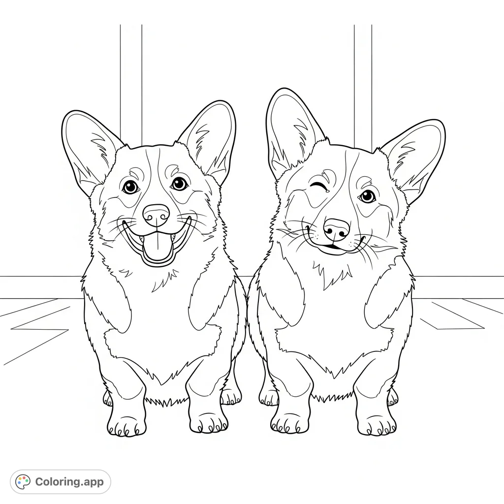 An adorable coloring page featuring two friendly corgis. One is smiling cheerfully, while the other playfully tilts its head against a simple, inviting background.