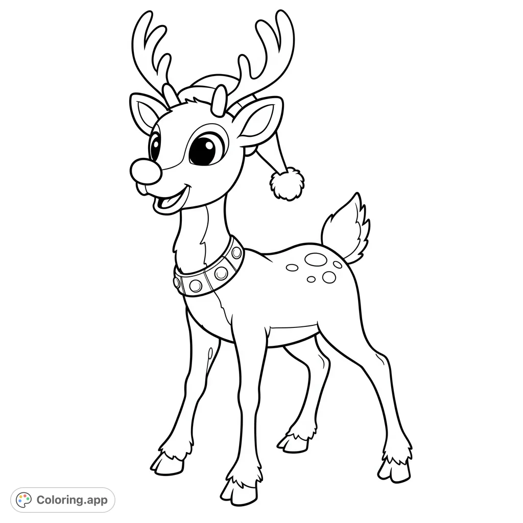 An adorable Christmas reindeer coloring page featuring a happy character with a Santa hat and festive collar. A free printable holiday coloring page for kids and adults.