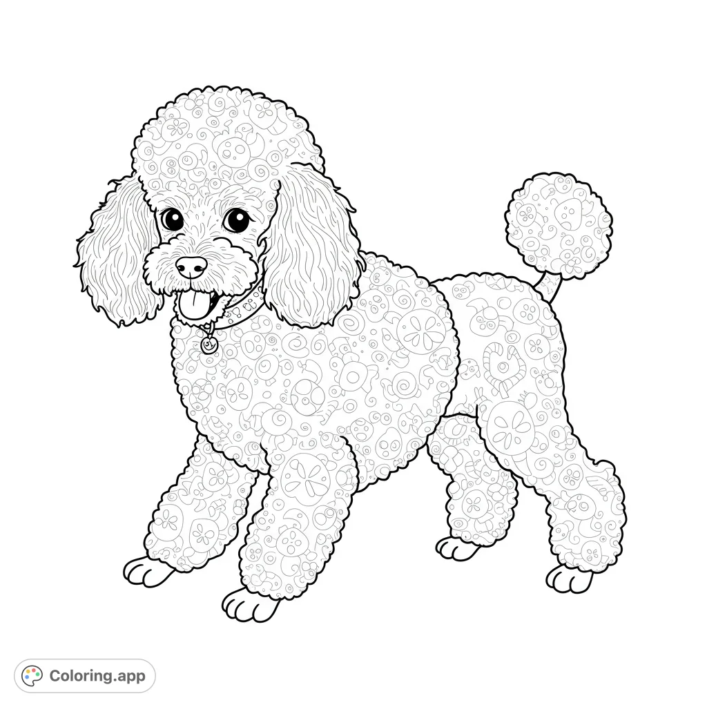 A charming poodle coloring page featuring a happy dog with intricate, detailed patterns on its fur, perfect for creative expression.