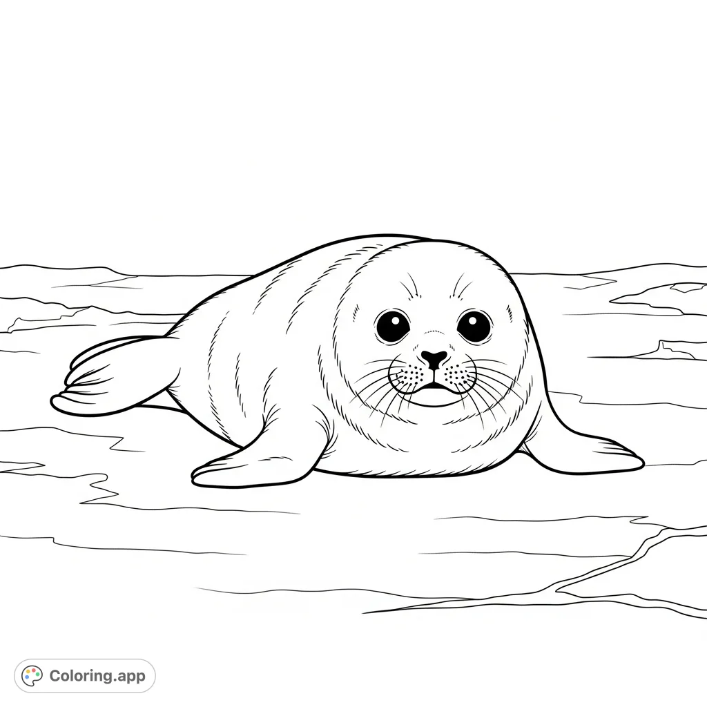 A charming harp seal pup, with soft, rounded features and expressive eyes, rests peacefully on a vast, textured ice floe in an Arctic setting.