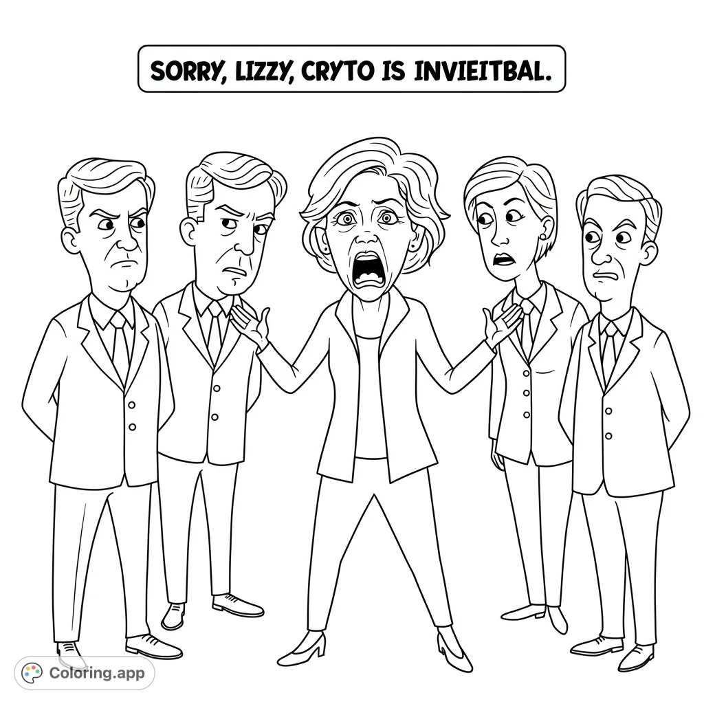 A dynamic political debate scene featuring a central, expressive woman and four reacting men in suits. Perfect for adult colorists.