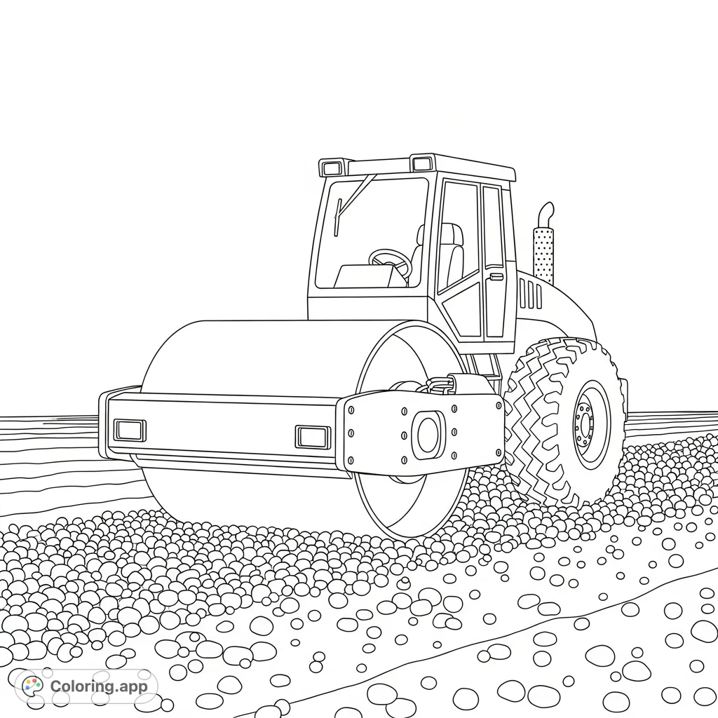 A powerful compactor roller flattens gravel, featuring a large simplified drum, operator cabin, and rugged wheels on a detailed construction site.