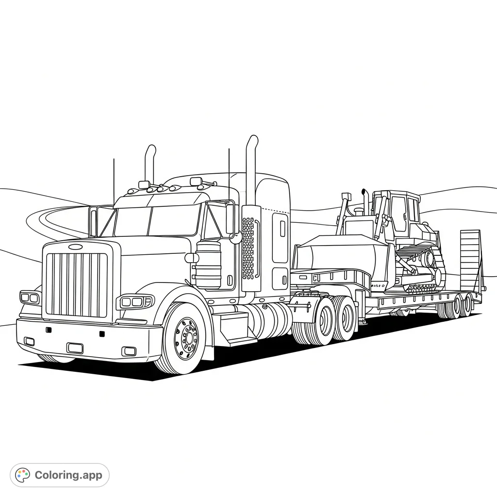 A powerful semi-truck hauls a large bulldozer on a lowboy trailer, showcasing heavy machinery in transit. Perfect for vehicle enthusiasts and future engineers.