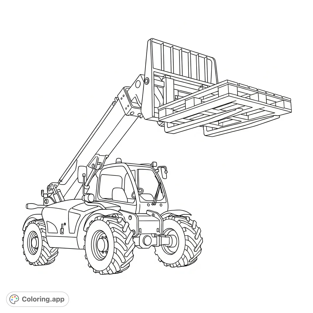 A detailed coloring page featuring a powerful telehandler with an extended boom, precisely lifting a pallet with its fork attachment. Perfect for machinery enthusiasts.